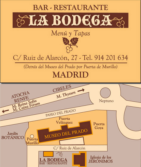 LA BODEGA. Tarjeta. Menú y tapas en el paraíso pictórico. MADRID